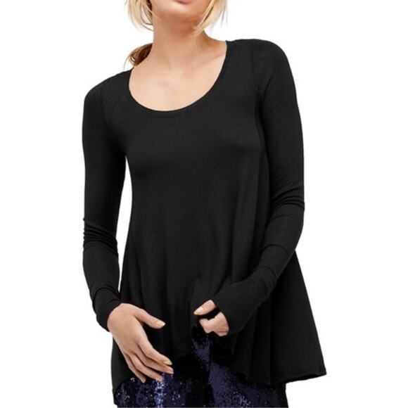 Free People XS Flowy January Long Sleeve Top Ribbed Raw Hem Black Casual Soft - Picture 2 of 15